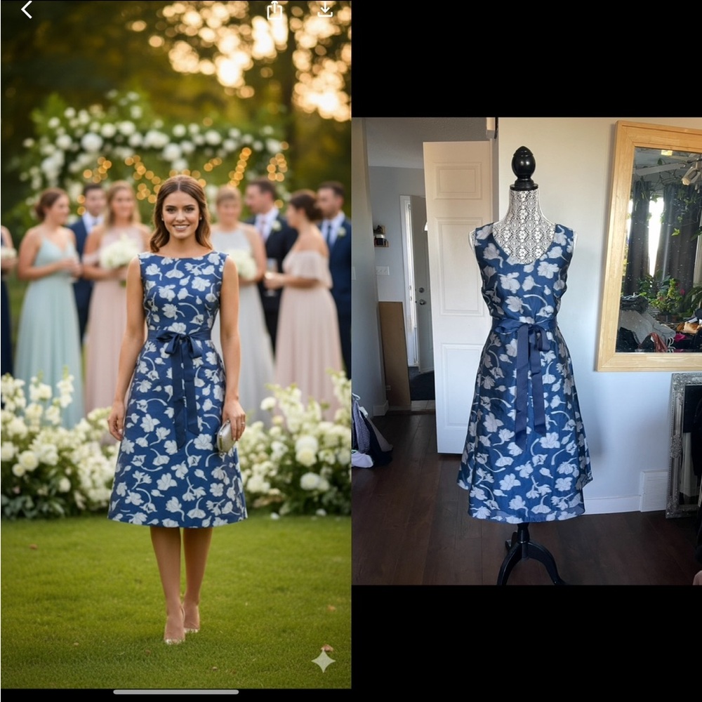 Designer Jacques Vert Jacquard Belted Fit and Flare Midi Dress. Size 14.